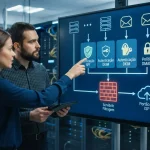 Ilustração de um esquema técnico de infraestrutura de email mostrando servidores, autenticações (SPF, DKIM, DMARC) e fluxo de