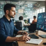Ilustração mostrando um profissional analisando gráficos e indicadores de entregabilidade de cold emails em um computador, co