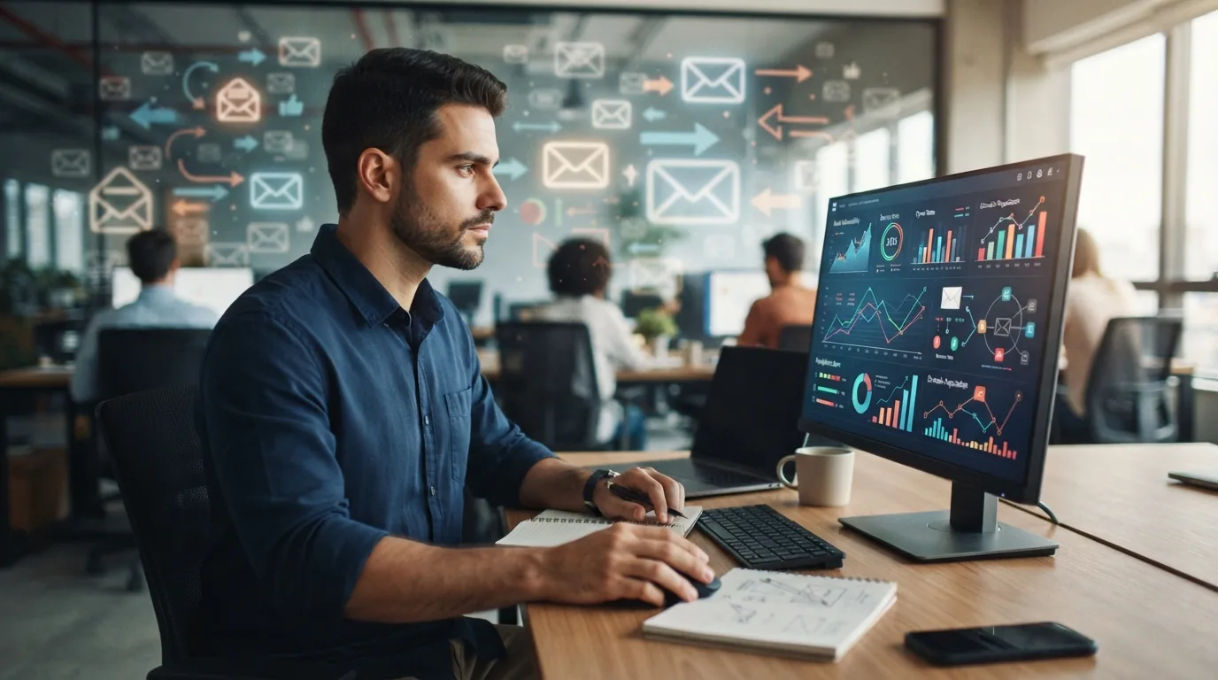 Ilustração mostrando um profissional analisando gráficos e indicadores de entregabilidade de cold emails em um computador, co
