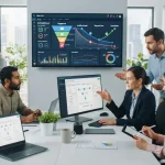 Ilustração de uma equipe de vendas B2B utilizando uma plataforma digital integrada para envio de cold emails e monitoramento