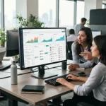 Ilustração de uma equipe de vendas utilizando uma plataforma digital para enviar e-mails personalizados em massa, com gráfico