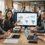 Ilustração de uma equipe de vendas usando uma plataforma digital para personalizar e monitorar campanhas de cold email, mostr