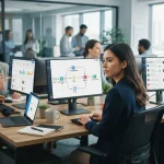 Ilustração de uma equipe de vendas trabalhando em computadores com gráficos e ícones de automação representando sequências de