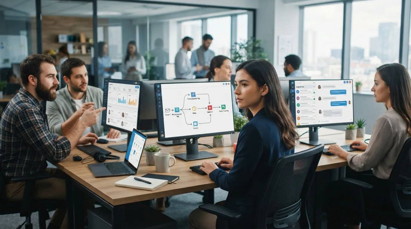 Ilustração de uma equipe de vendas trabalhando em computadores com gráficos e ícones de automação representando sequências de