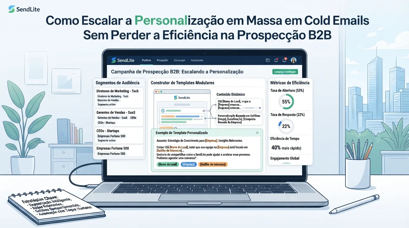 Imagem ilustrativa mostrando uma tela de computador com interface de plataforma de cold email, exibindo segmentos e templates