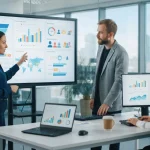 Equipe de vendas analisando dados em telas digitais, representando personalização e segmentação para prospecção outbound inte