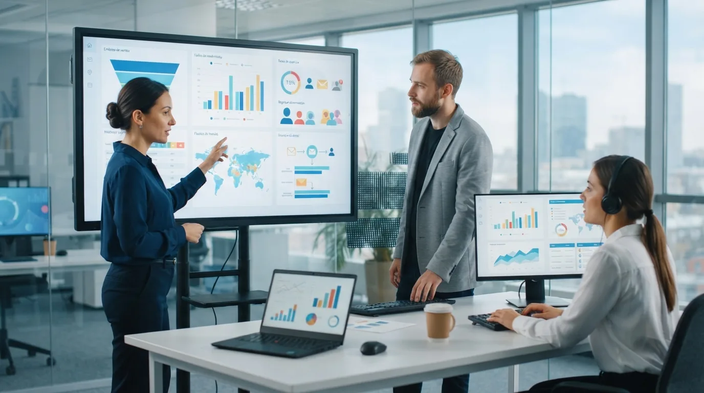 Equipe de vendas analisando dados em telas digitais, representando personalização e segmentação para prospecção outbound inte