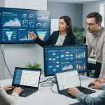 Imagem representando uma equipe de vendas analisando dados em telas digitais com gráficos de prospecção por e-mail, simboliza
