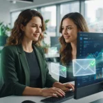 Ilustração de uma pessoa na frente de um computador com múltiplos envelopes de email flutuando ao redor, símbolos de check ve