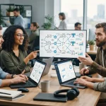 Ilustração de uma equipe de vendas utilizando computadores com gráficos e e-mails conectados para representar uma estratégia