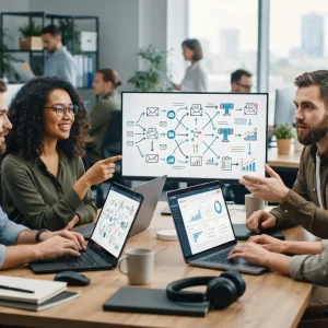 Ilustração de uma equipe de vendas utilizando computadores com gráficos e e-mails conectados para representar uma estratégia