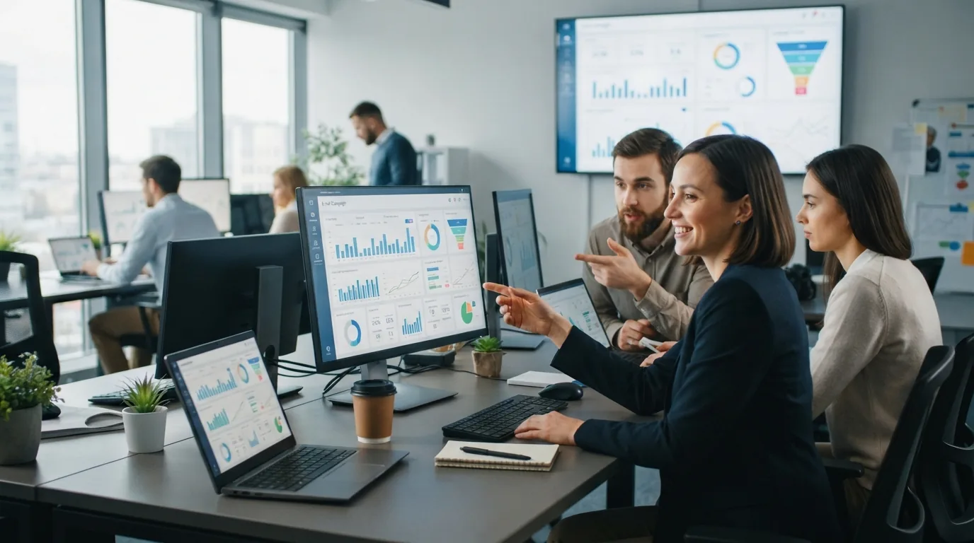 Ilustração de uma equipe de vendas usando uma plataforma digital para gerenciar e otimizar campanhas de cold email com gráfic
