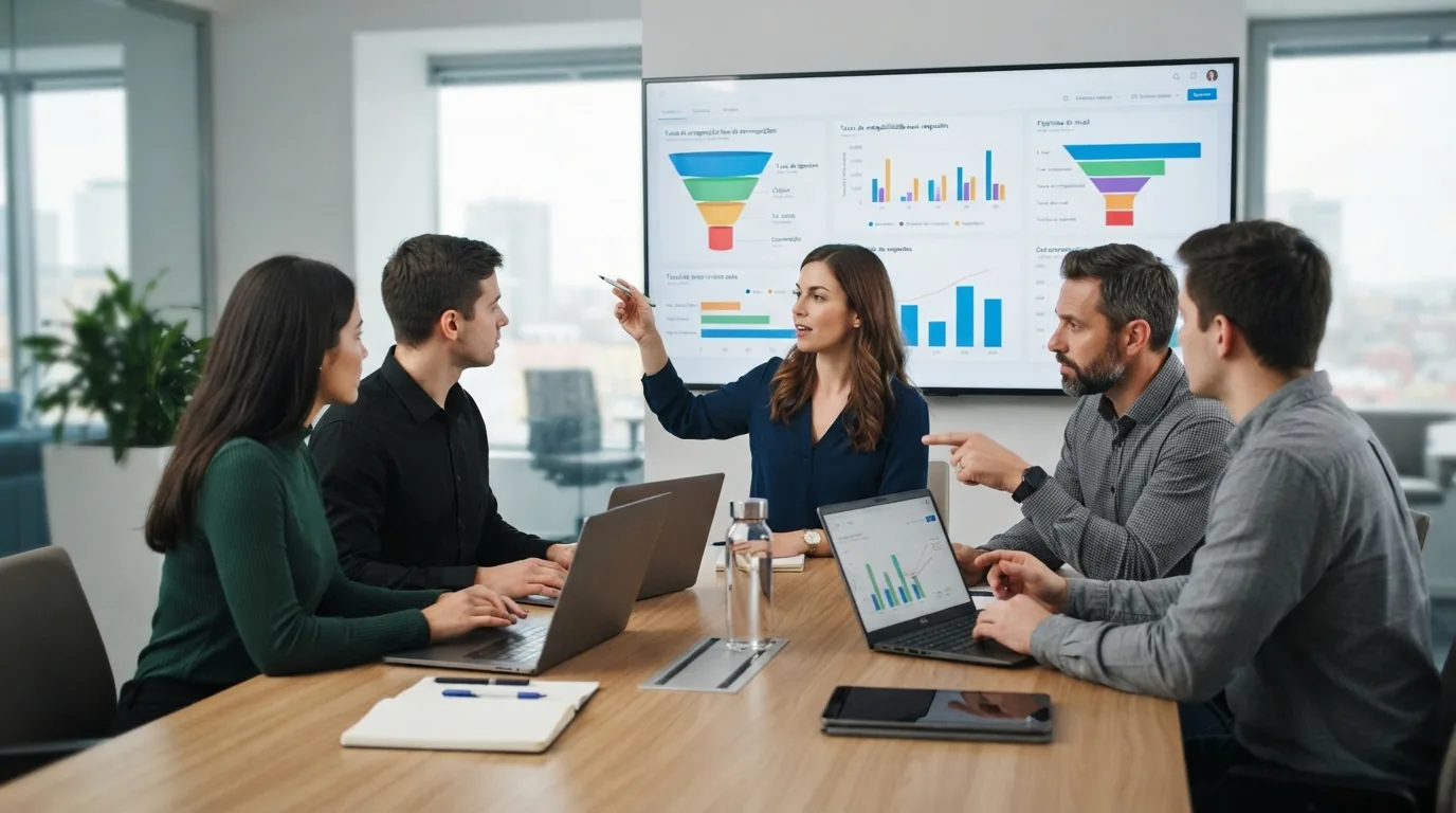 Imagem ilustrativa de equipe de vendas analisando gráficos e métricas de outbound em telas digitais