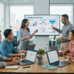 Equipe comercial e marketing colaborando em um escritório moderno, com gráficos e e-mails em tela, representando integração e